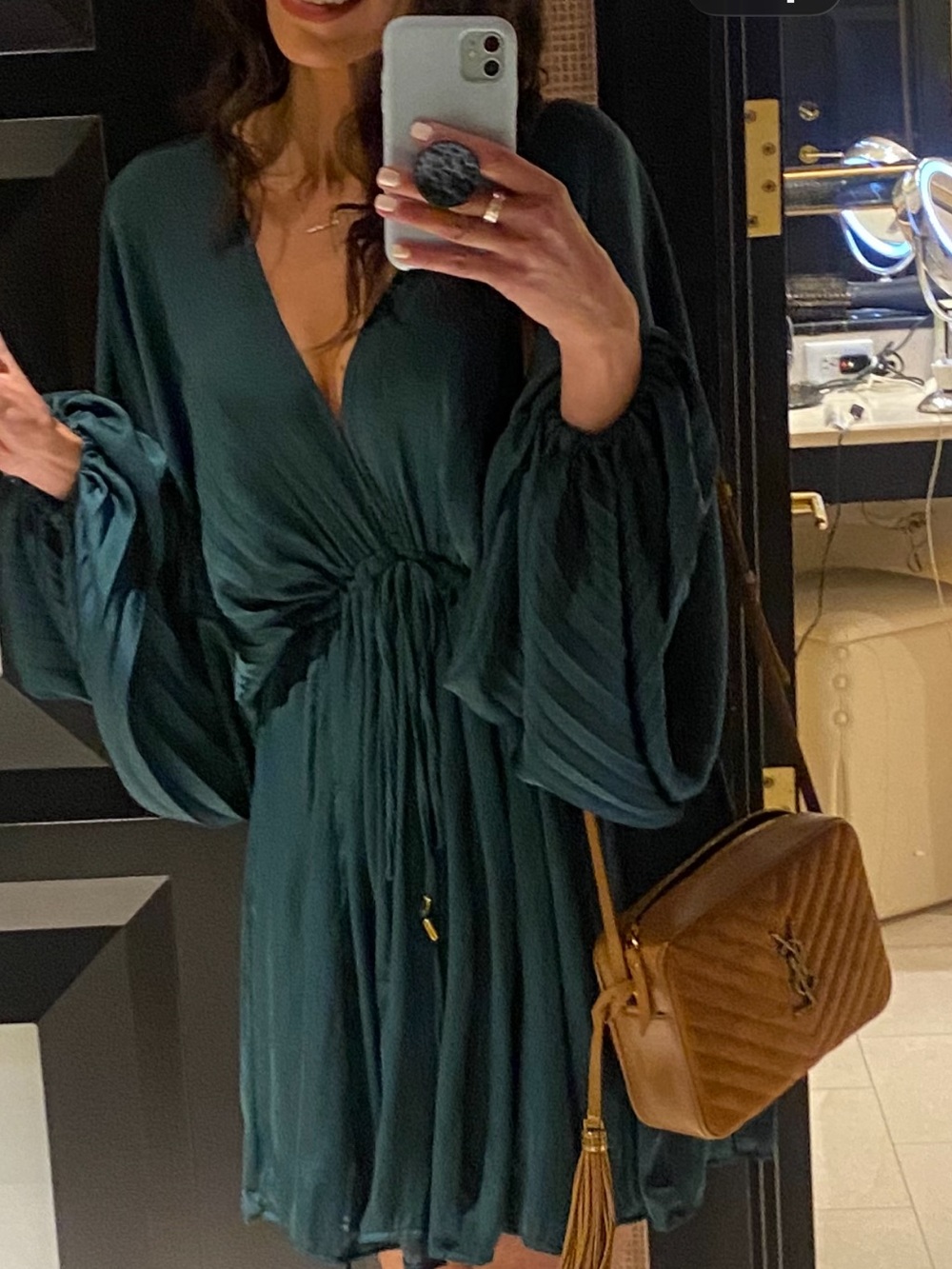 Free People Deep Emerald Plunge Drawstring Mini Dress